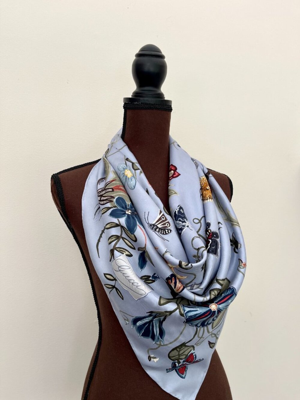 Display #1 Gucci Pale Blue Silk Scarf with Multicolor Floral Print